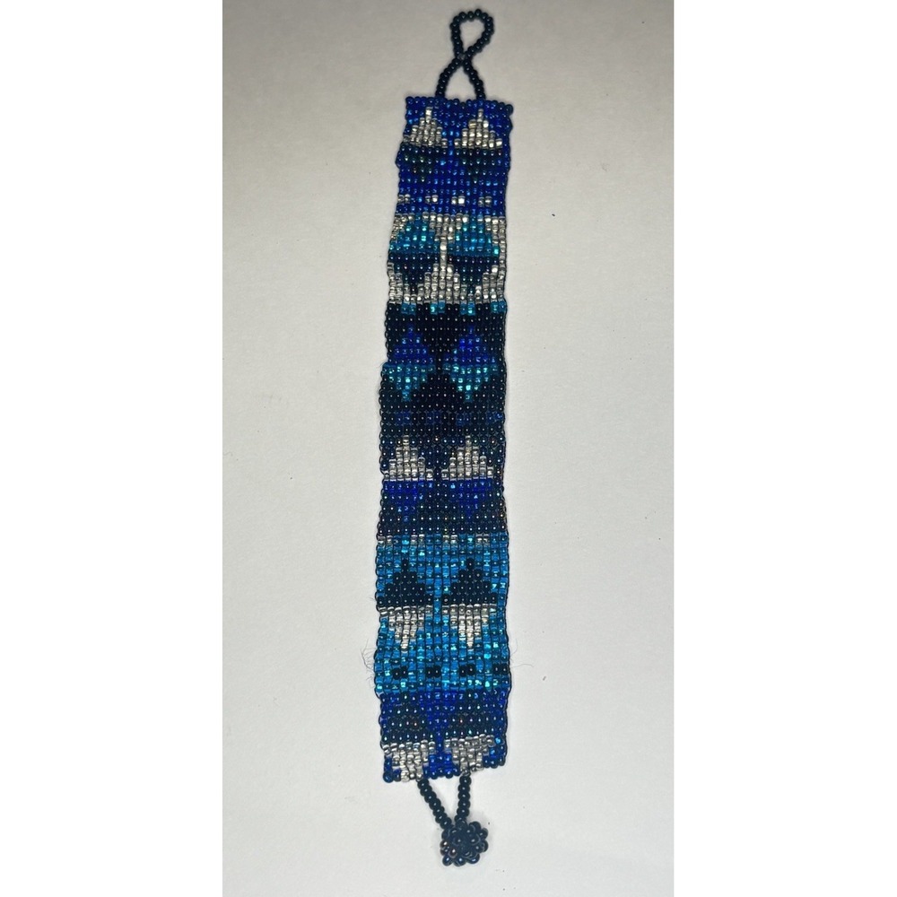 Glass Seed Bead Woven Bracelet Blue Turquoise Geometric Boho Artisan Handmade 1"